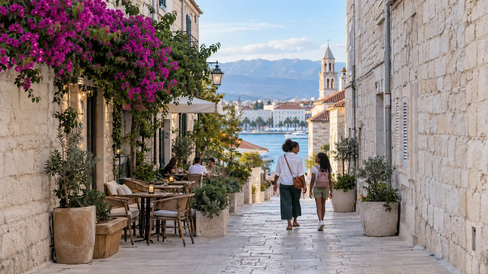 A Black mother and her school-aged daughter walking together through a coastal European neighborhood