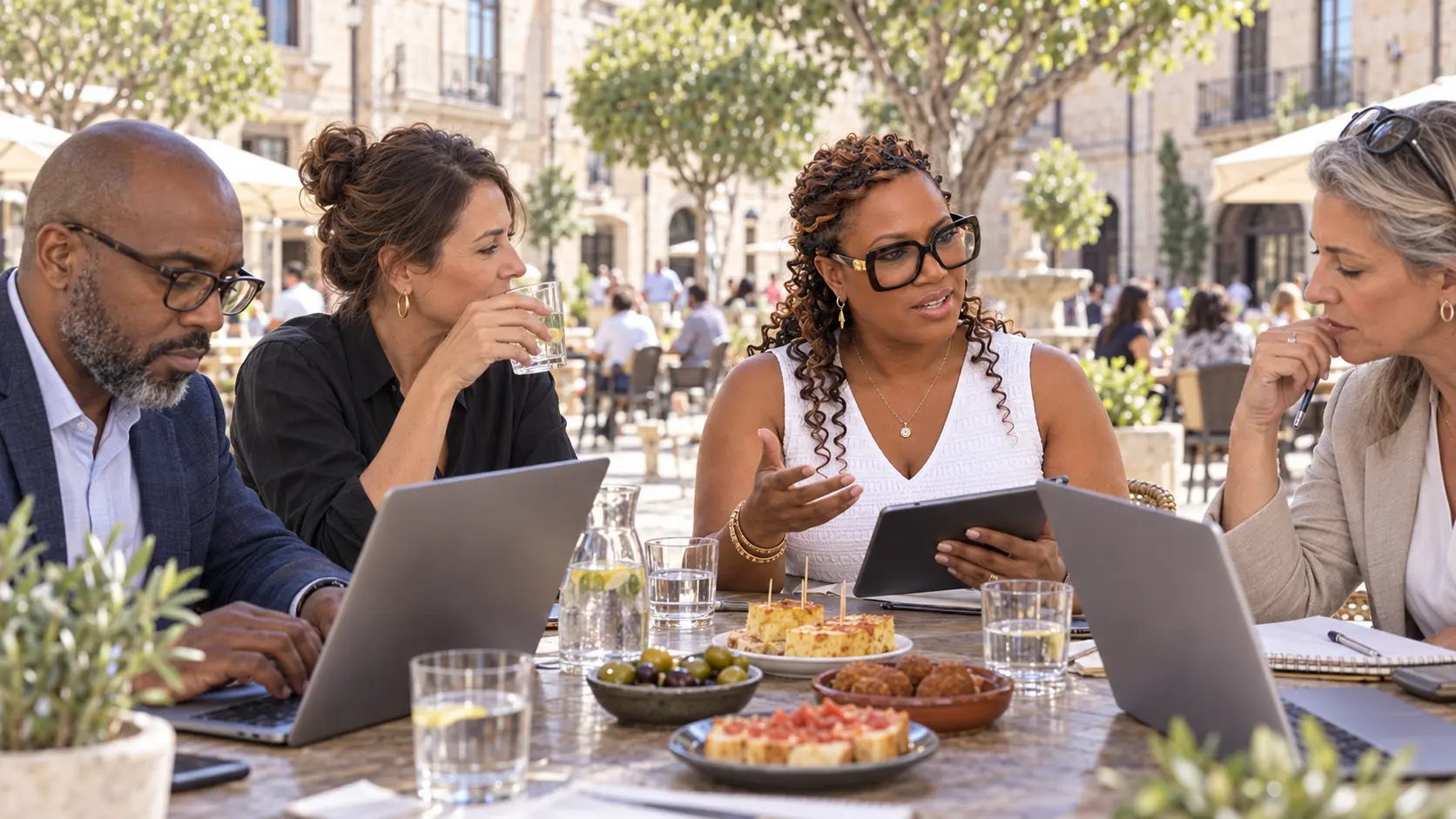 Arnitha Webb exchanging ideas with experienced professionals during a working lunch over tapas in Spain