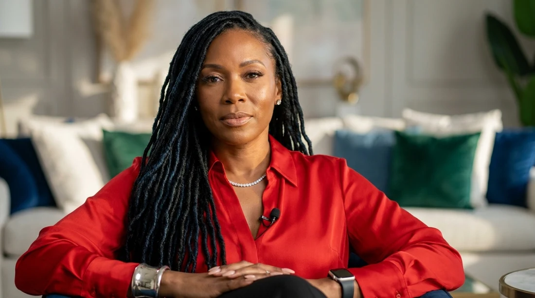 Arnitha Webb, founder of the Portable Income Lab, wearing a red blouse